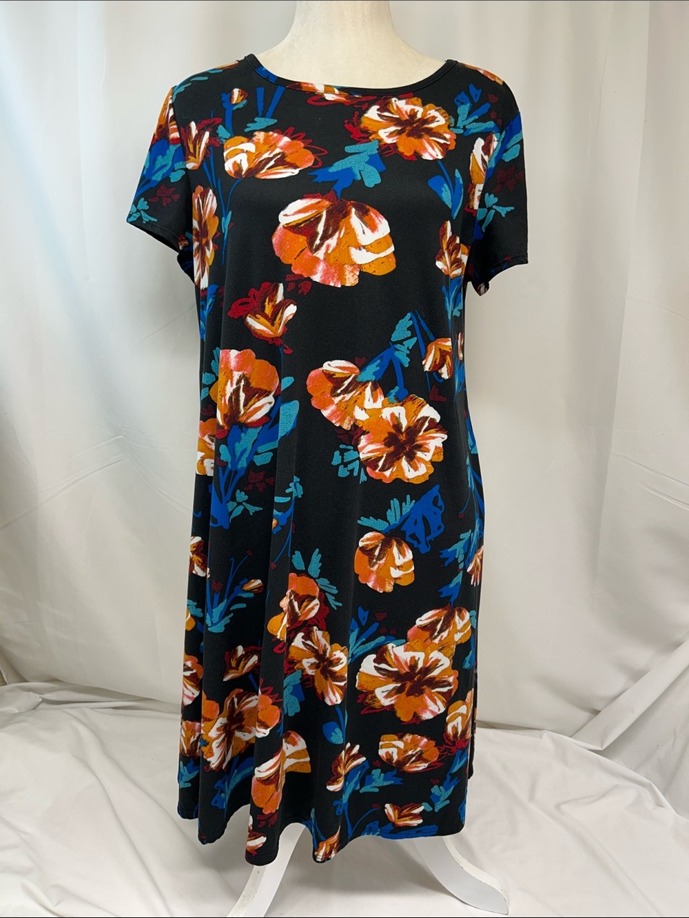Jamie & Layla Black Floral Midi Dress with Orange & Blue Accents Size Large